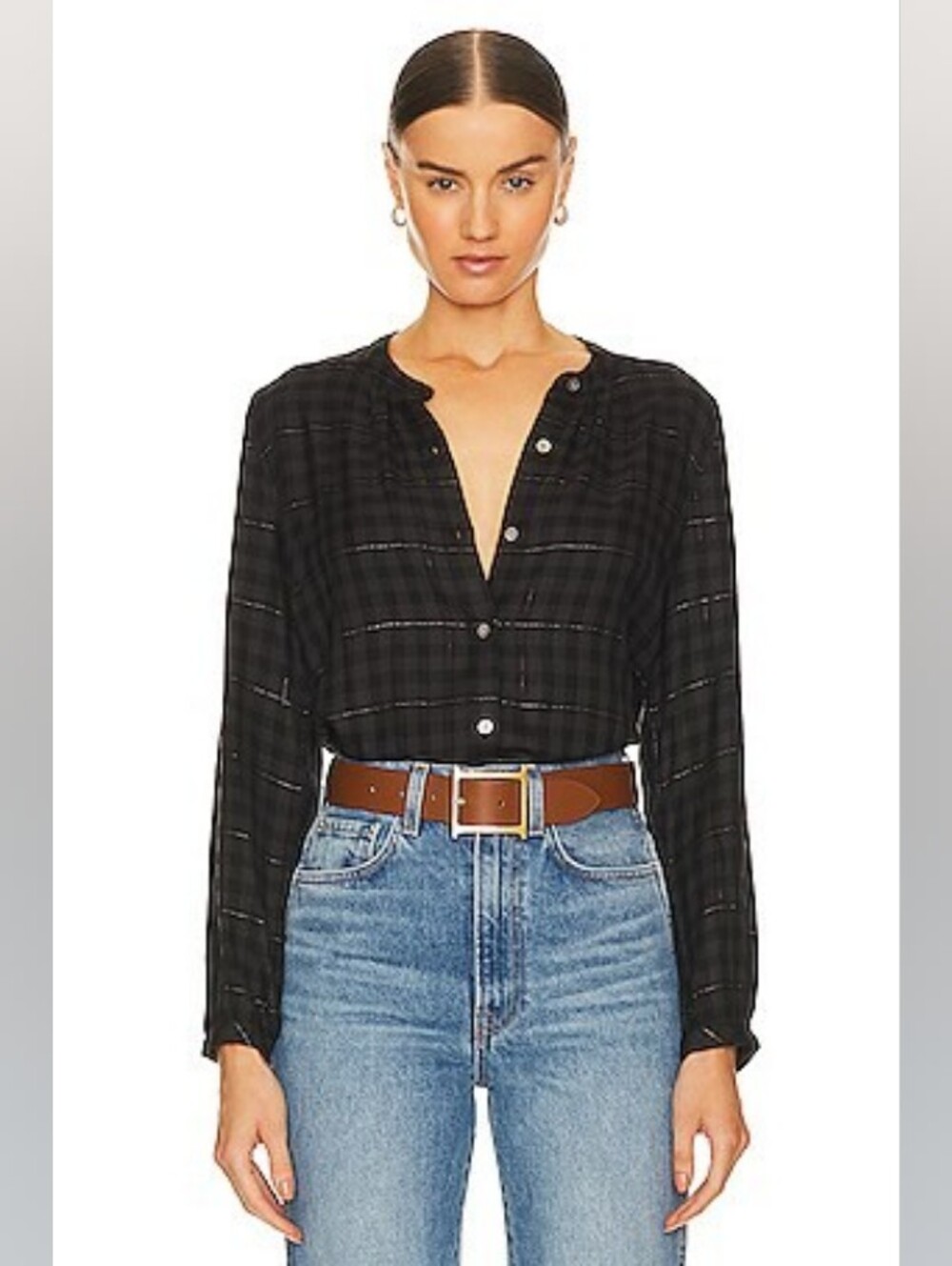 RAILS 'Eloise' Onyx Plaid Metallic Thread Blouse | S